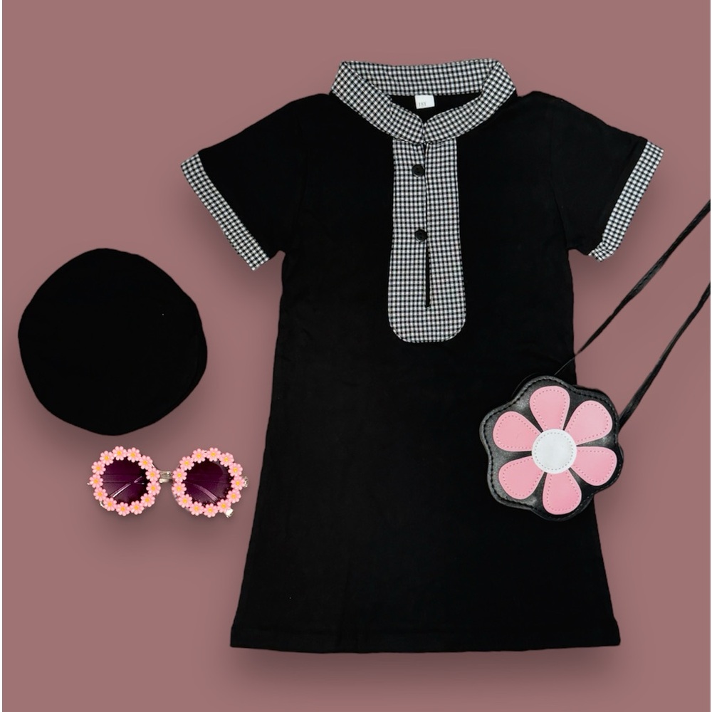 SOLD - Retro Inspired 4pc Black & White Outfit - Dress, Hat, Daisy Purse & Sung…